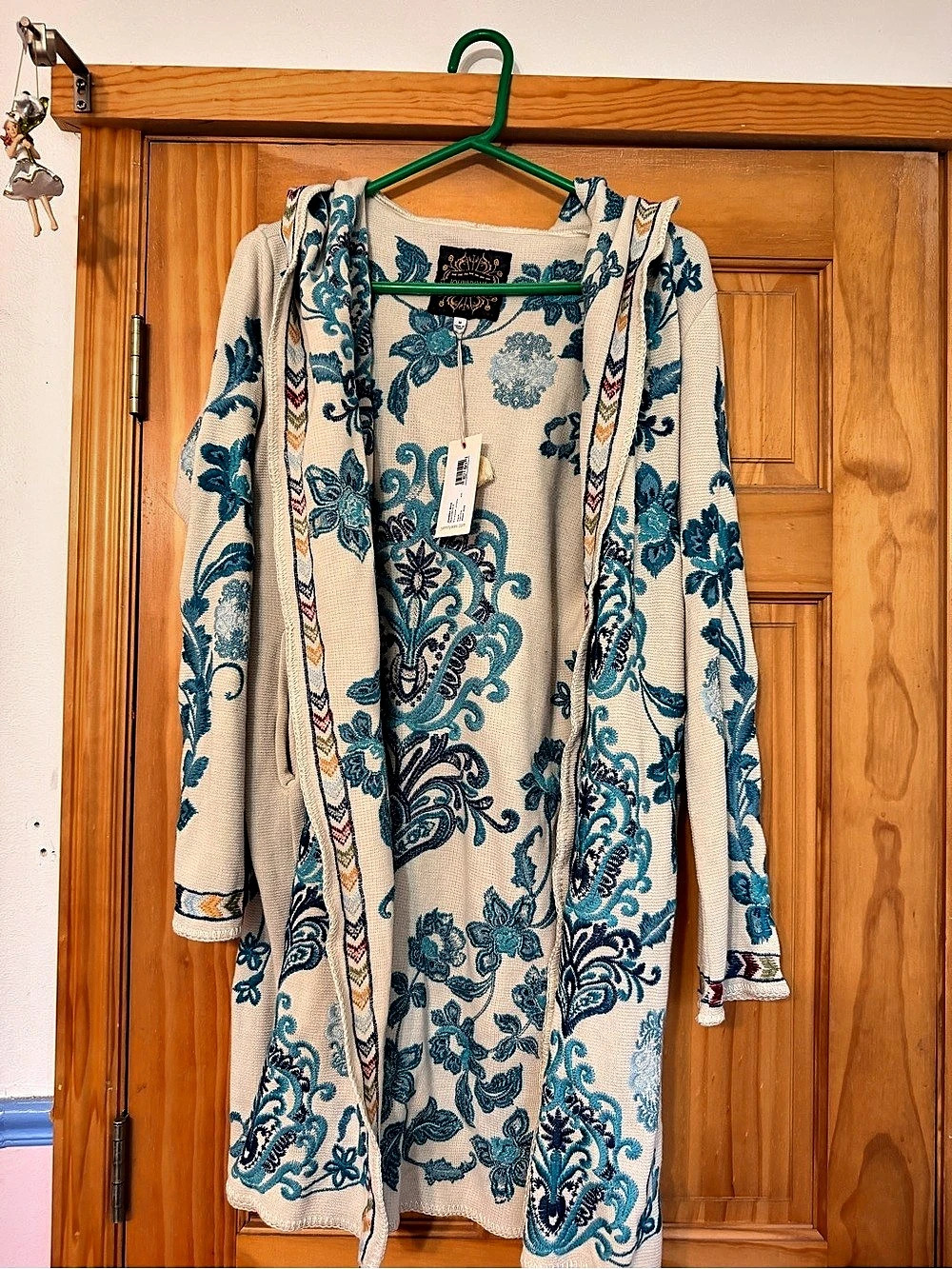 Johnny Was C5675-E Floral Hooded Cardigan Cream & Blue Medium